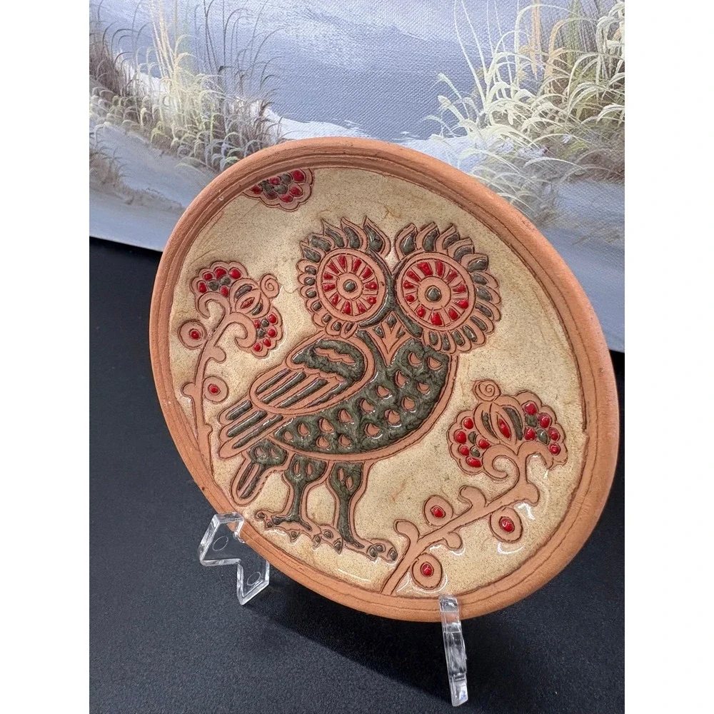 Bonis Rhodes Greece Handmade Pottery Owl Plate Terracotta Folk Art 1999 4.75in